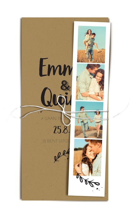 Trouwkaart met fotostrip - Typografisch Kraft