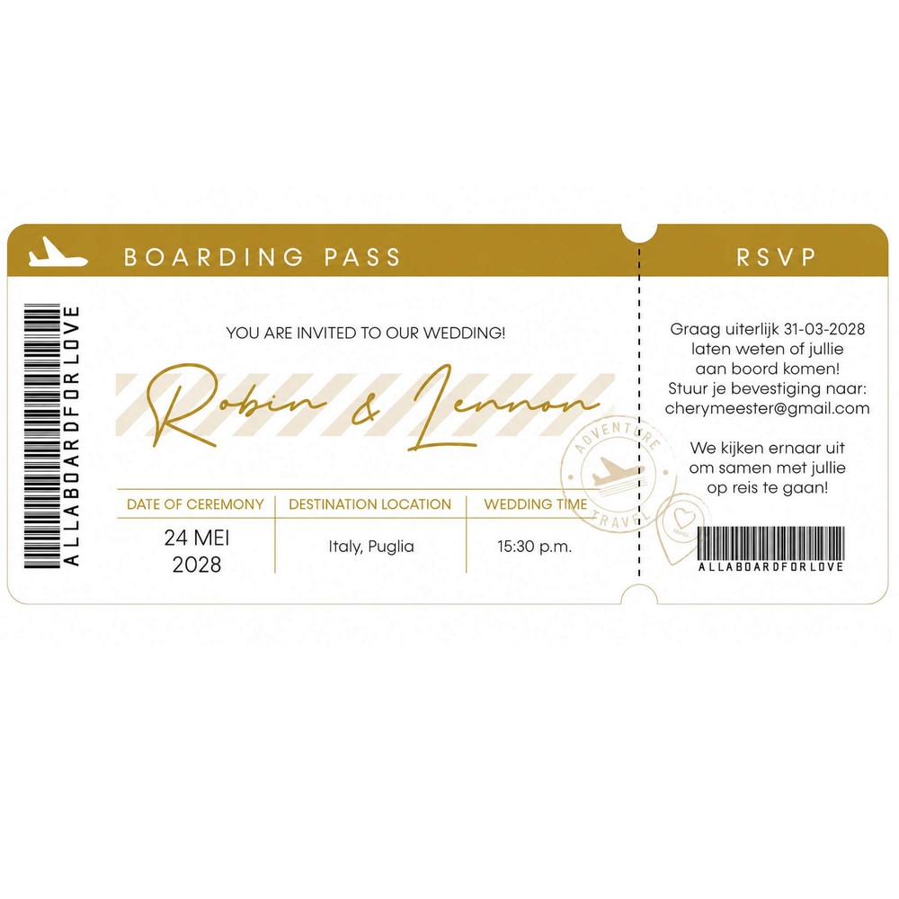 FOLIE VORM Trouwkaart - Boarding Pass Goud Ticket