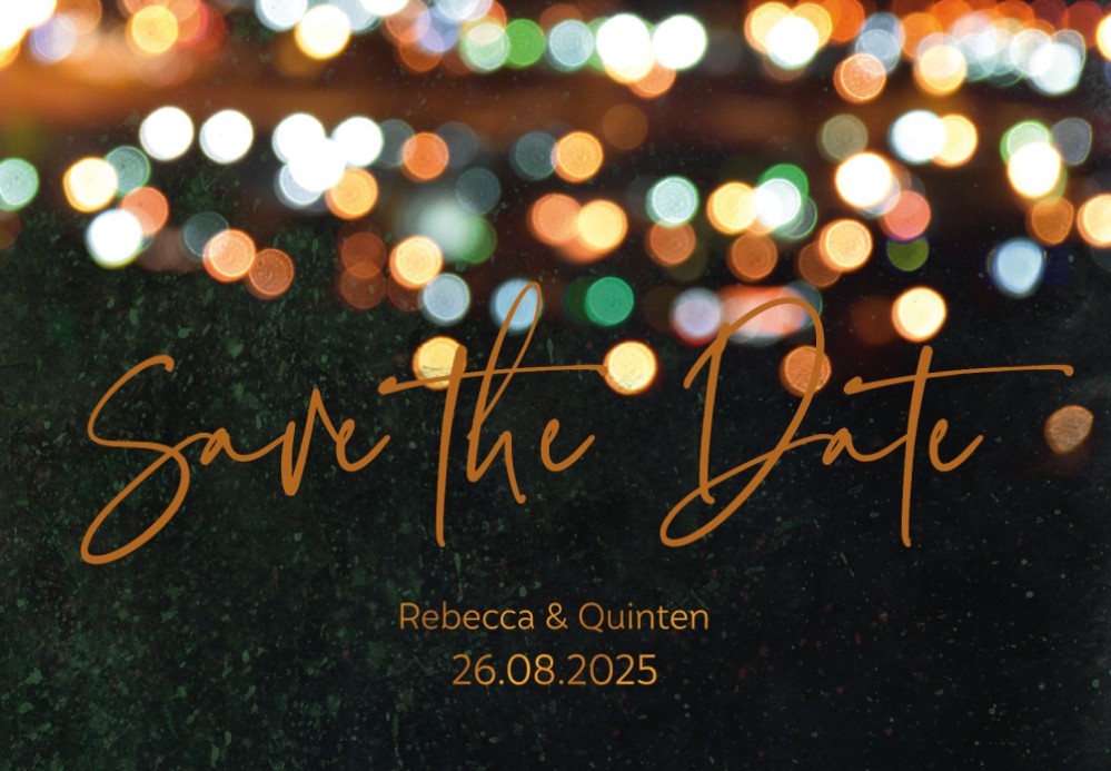 Save the date Dark met koperfolie en festival lampjes