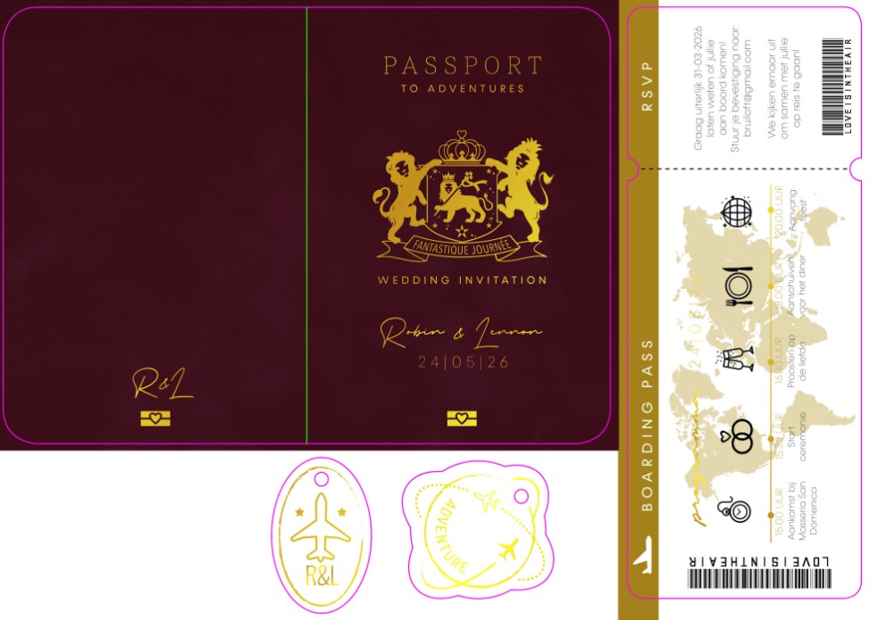 FOLIE STAPEL Trouwkaart - Paspoort met Boarding Pass Bordeaux en Goud