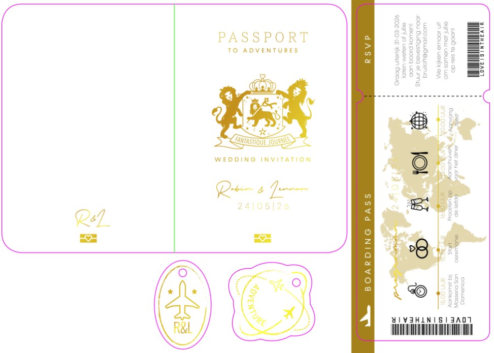 FOLIE STAPEL Trouwkaart - Paspoort met Boarding Pass Goud