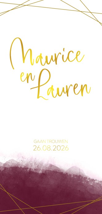 Trouwkaart goudfolie met bordeaux watercolor voor