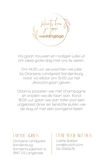 Trouwkaart met foto en folie weddinglogo achter