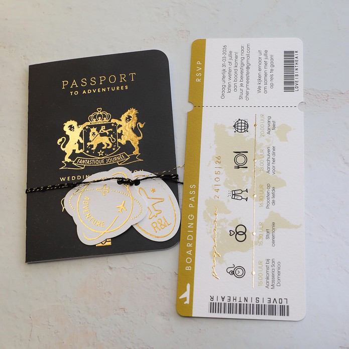 FOLIE STAPEL Trouwkaart - Paspoort met Boarding Pass Blauw en Goud