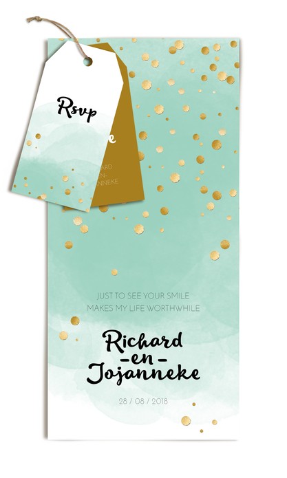 Trouwkaart met labels - Glitters en Goud Watercolor mint