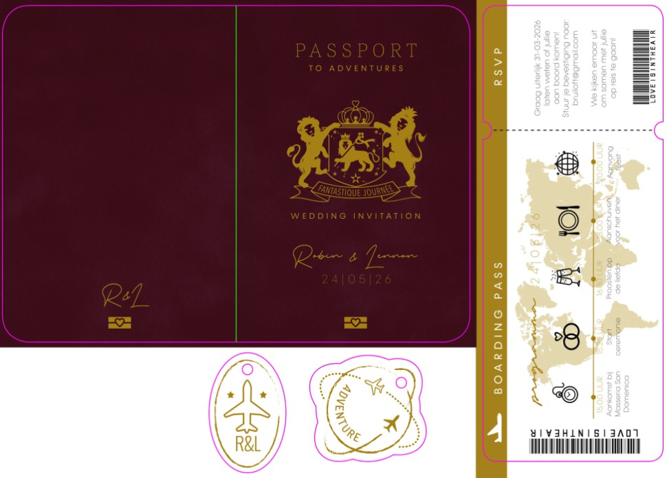 STAPEL Trouwkaart - Paspoort en Boarding Pass Bordeaux en Goud