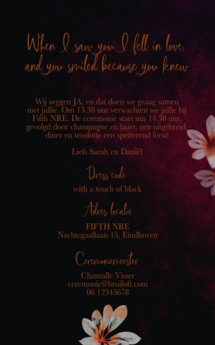 Trouwkaart Dark and moody flowers achter