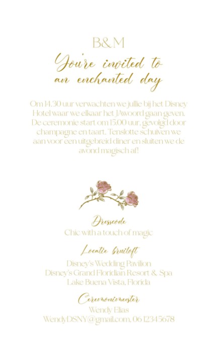 Belle en het beest trouwkaart achterzijde