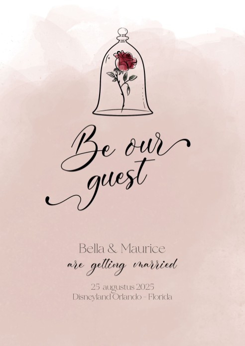 Trouwkaart - Disney Inspired Belle Roze Zwart A5