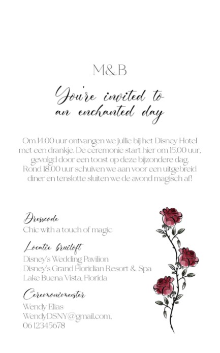 Belle en het beest trouwkaart achterkant