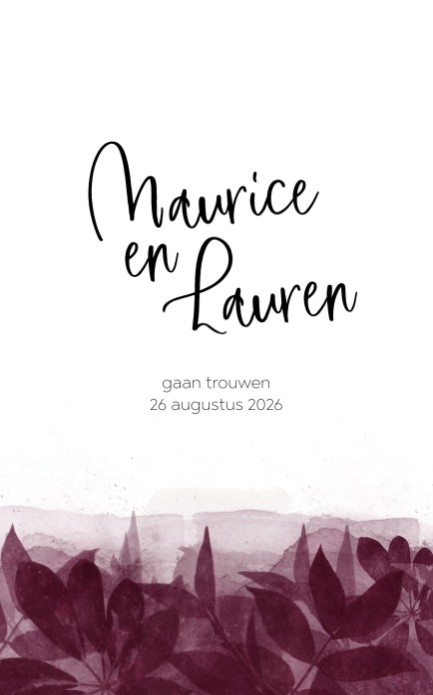 Trouwkaart bordeax bloemblad voor