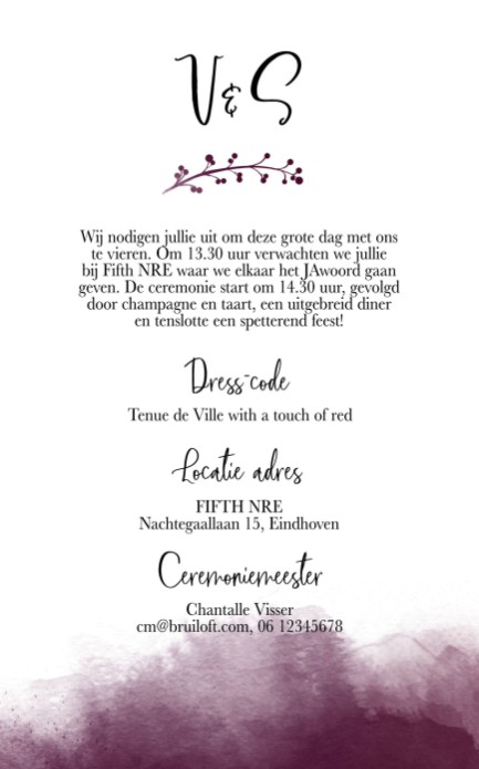 Trouwkaart bordeaux met takje achter