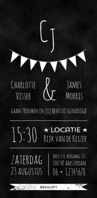 Trouwkaart - Zwart-Wit Krijtbord initialen