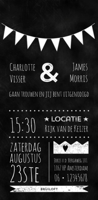 Trouwkaart - Zwart-Wit Krijtbord Vlaggetjes